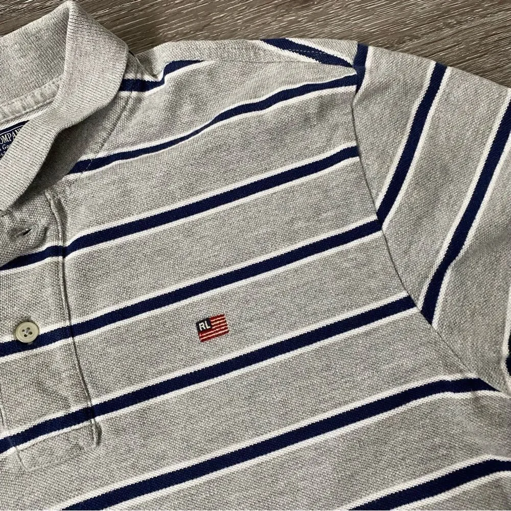 Ralph Lauren Striped Polo Short Sleeve Shirt Gray Blue SZ M